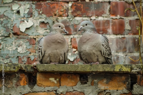 Two doves pigeons sit on a branch and hug, brick wall background © Marat