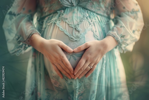 A closeup of a pregnant woman gently holding her belly in the shape of a heart, symbolizing love and care