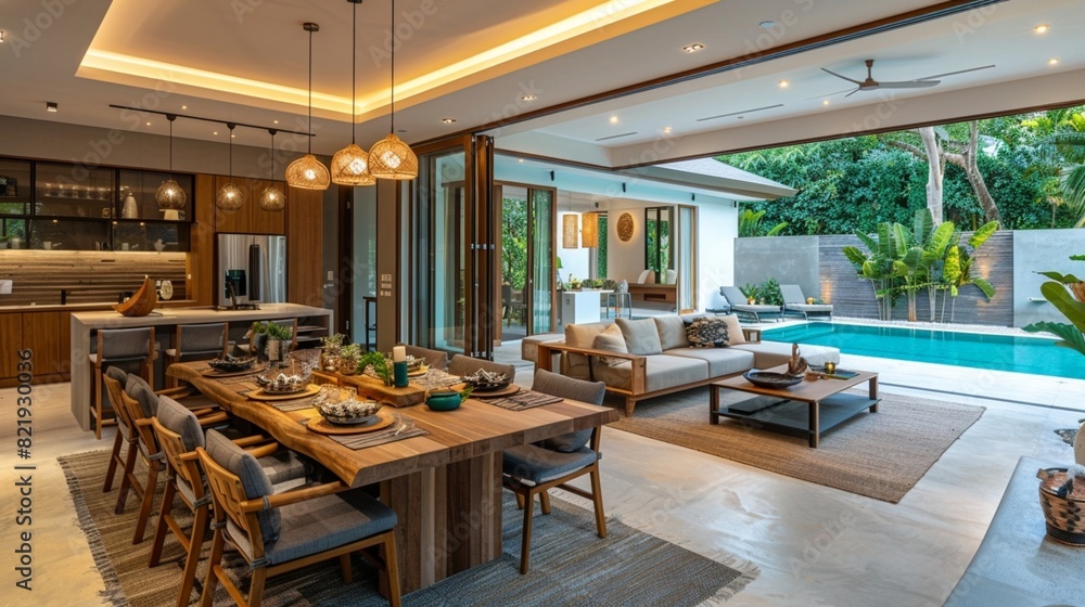 Luxury interior design in living room of pool villas. wooden dining table , home, house