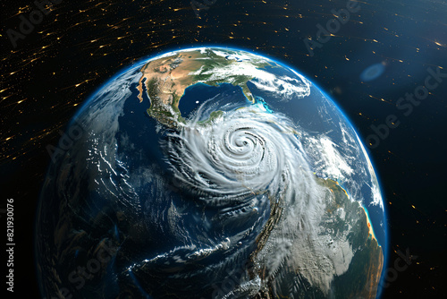 Satellite view of atmospheric cyclone. The eye of the hurricane from space. Super typhoon, tropical storm. Effect of climate change. Weather and natural disaster concept photo