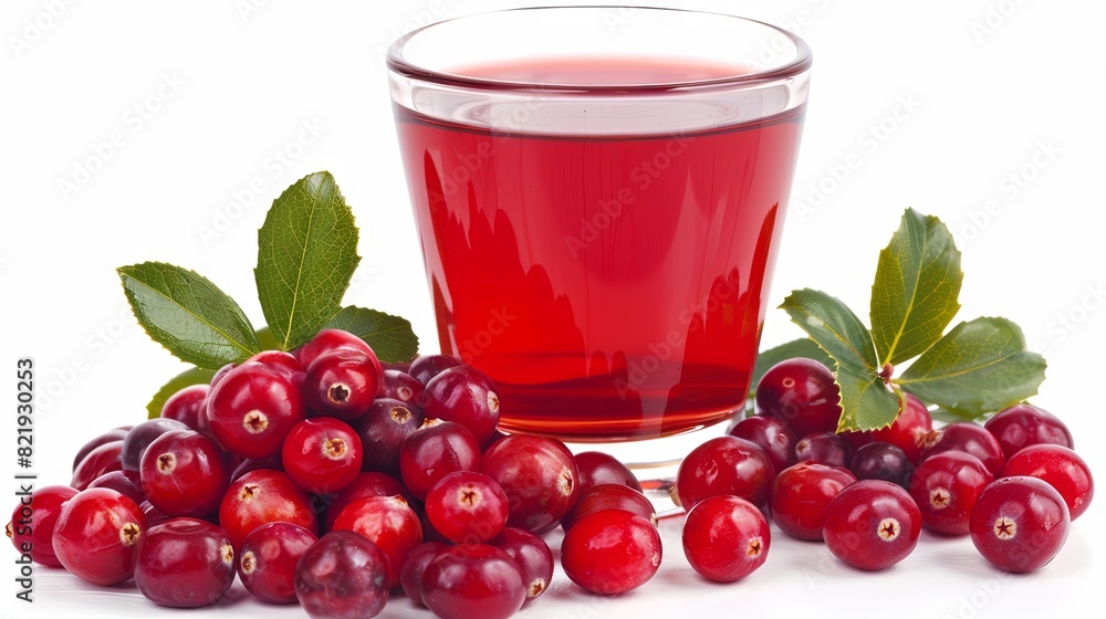 Vibrant cranberry juice in a glass surrounded by fresh berries Vibrant cranberry juice in a glass surrounded by fresh berries