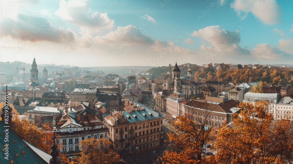 Lviv Ukraine city view point panorama with architecture building object in autumn October day time