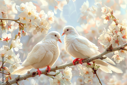 Two doves pigeons sit on a branch and hug, background of flowers and the sky © Marat