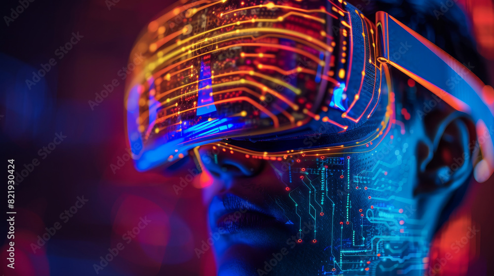 Fototapeta premium Man wearing Colorful Fiber Optic Cables Illuminated in virtual space and digital.