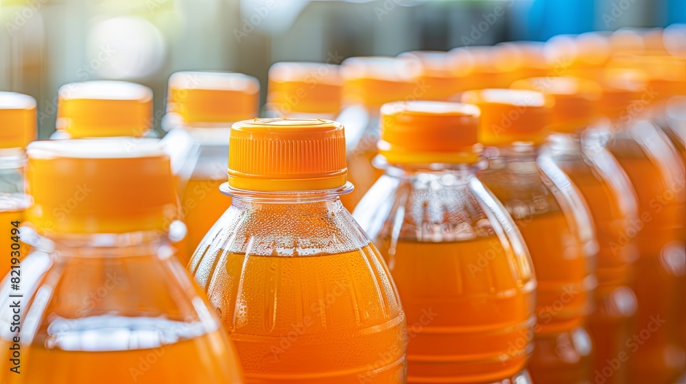 Vibrant orange juice bottles lined up in bright sunlight Vibrant orange juice bottles lined up in bright sunlight