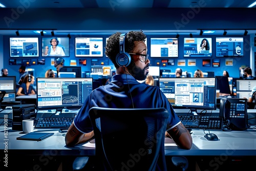 Call Center Supervisor's Desk with Headsets and Computer Screens