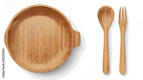 3d wood cutlery plate and spoon top view vector illustration photo