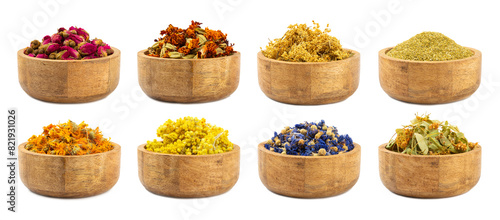 Assortment of dry herbal and berry tea isolated on a white background. Tea party concept. medicinal herbs. Healing herbs.Alternative medicine.Linden, calendula, cornflowers, marigold, tansy, tea rose. photo
