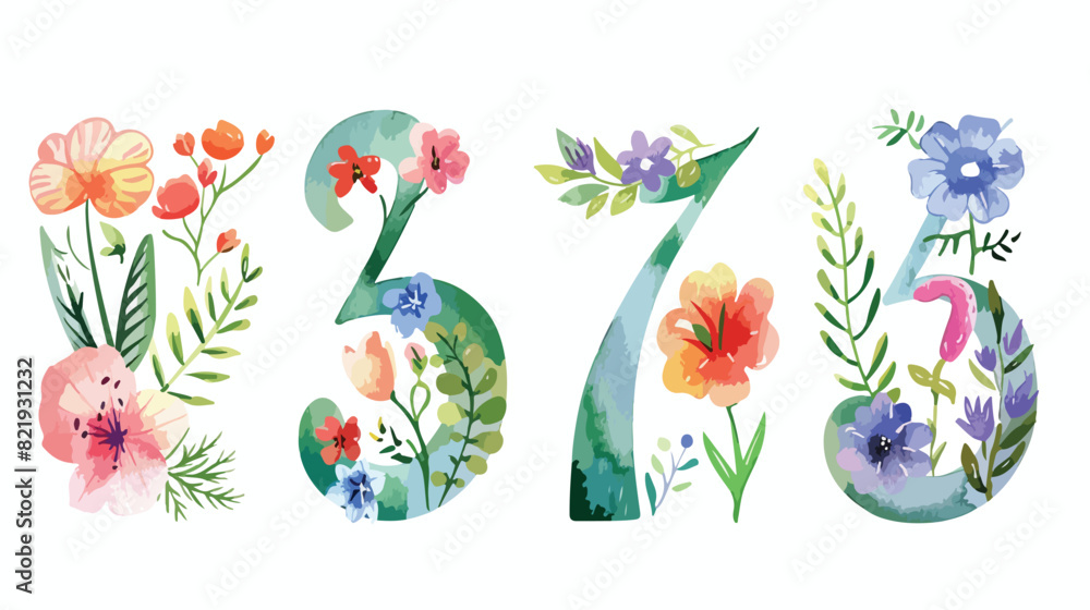 7 number with watercolor flowers and leaf. Perfectly