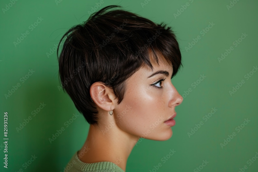 Stylish woman with short dark hair against green background Stylish woman with short dark hair against green background
