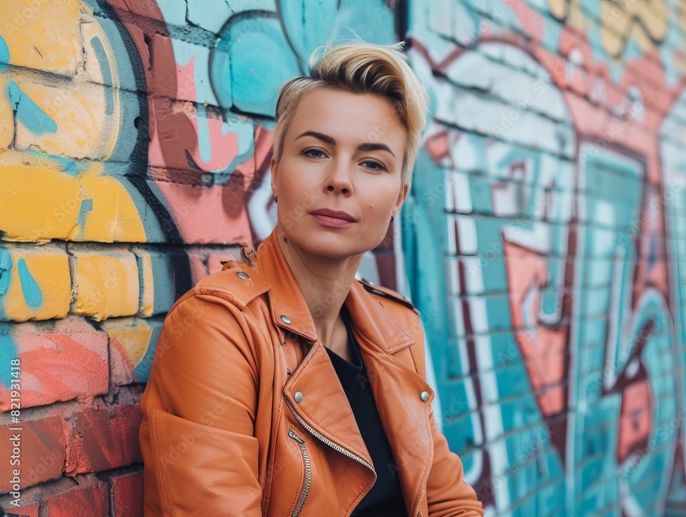woman in orange leather jacket standing in front of colorful graffiti wall woman in orange leather jacket standing in front of colorful graffiti wall