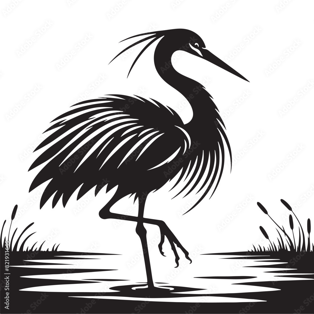 Fototapeta premium Heron Silhouette: Elegant Black Vector Art Capturing the Grace and Poise of These Majestic Wetland Birds - Heron Vector - Heron Illustration.