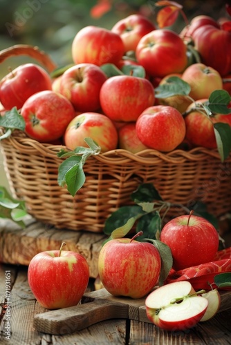 Blossoming apple orchard  trees heavy with rosy apples  basket filled with red  green  yellow fruits