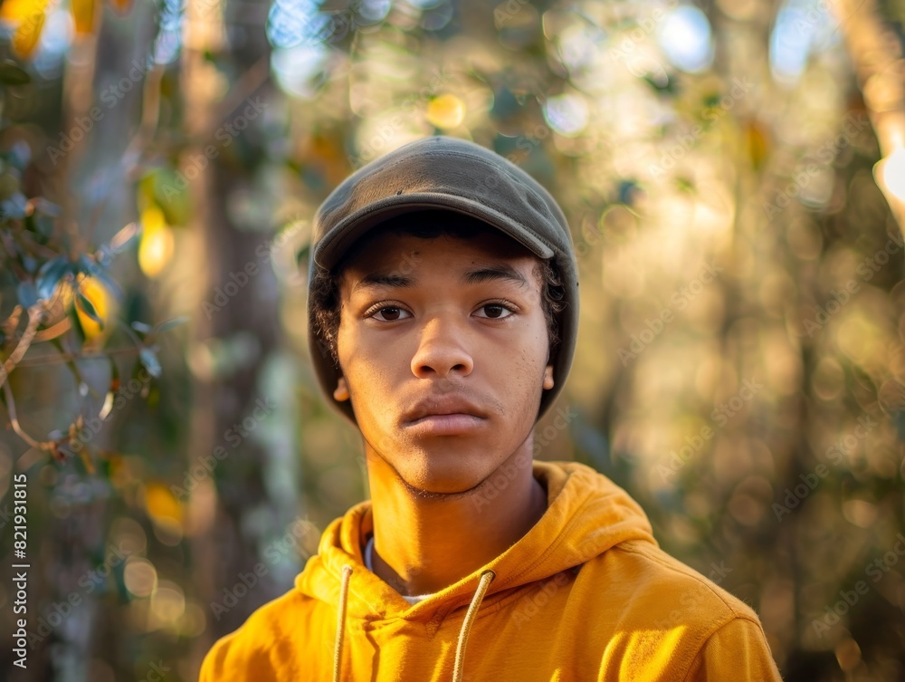young man in yellow hoodie in forest young man in yellow hoodie in forest