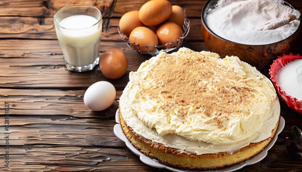 Baked cake on a rustic kitchen table with various ingredients Baked cake on a rustic kitchen table with various ingredients