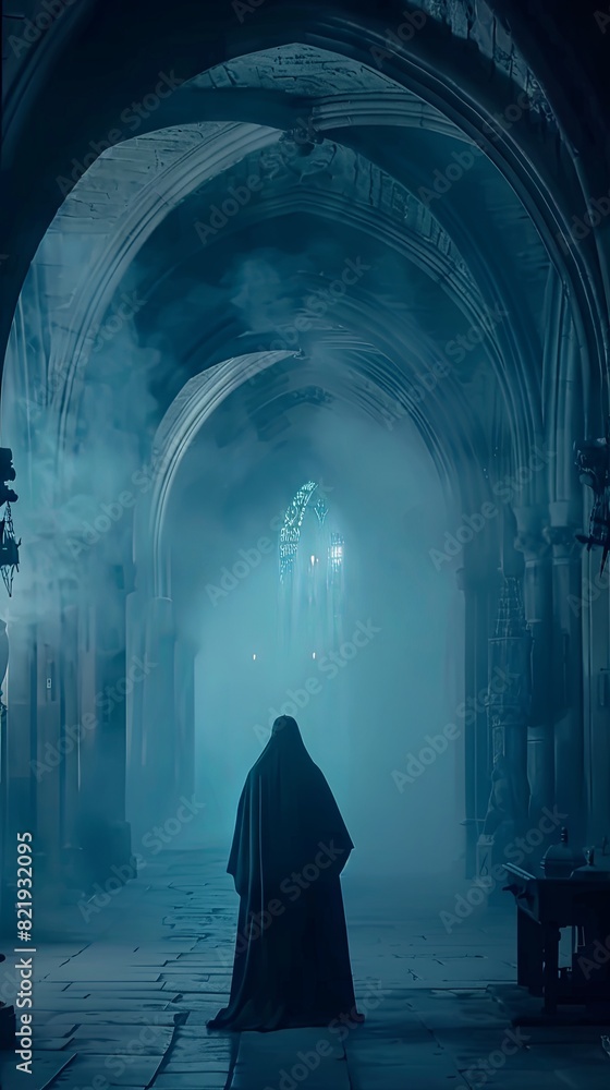 Mysterious cloaked figure in an ancient Gothic hallway