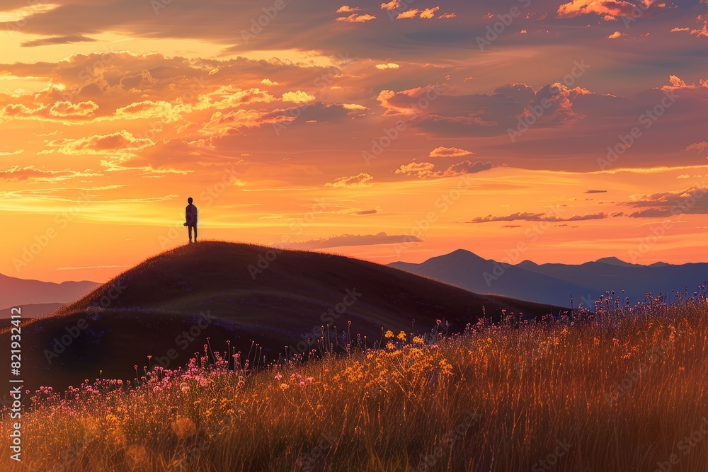 A person stands on a hill at sunset, with a panoramic view and a silhouette against the colorful sky