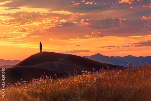 A person stands on a hill at sunset, with a panoramic view and a silhouette against the colorful sky