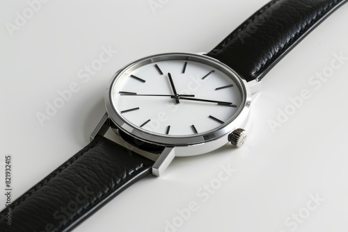 Elegant silver wristwatch with black leather strap