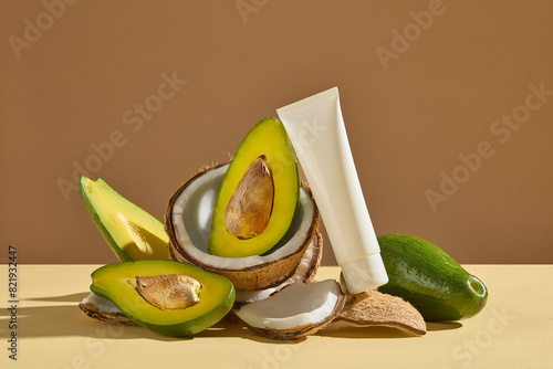 Brown color texture against a blank label cosmetic tube leaning on a small pile of fruit including avocado and coconut. Frontal shot photo with blank space for adding elements of design