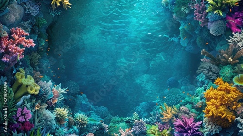A top view of a vibrant coral reef with colorful marine life and crystal-clear water, providing a breathtaking underwater scene