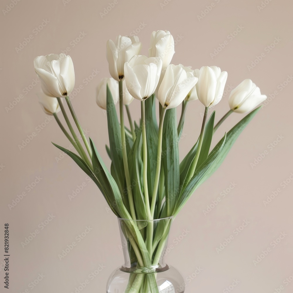 Elegant white tulips in a glass vase