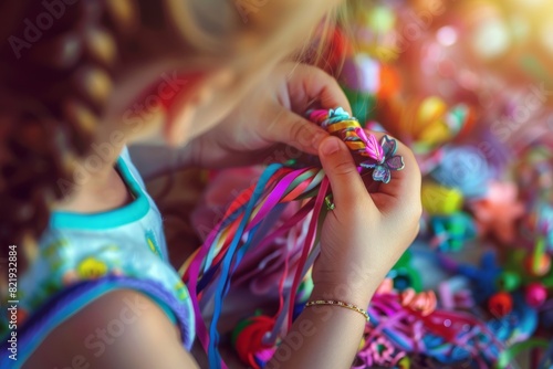 A young girl is sitting, engaged in play as she arranges a variety of bracelets on her wrists
