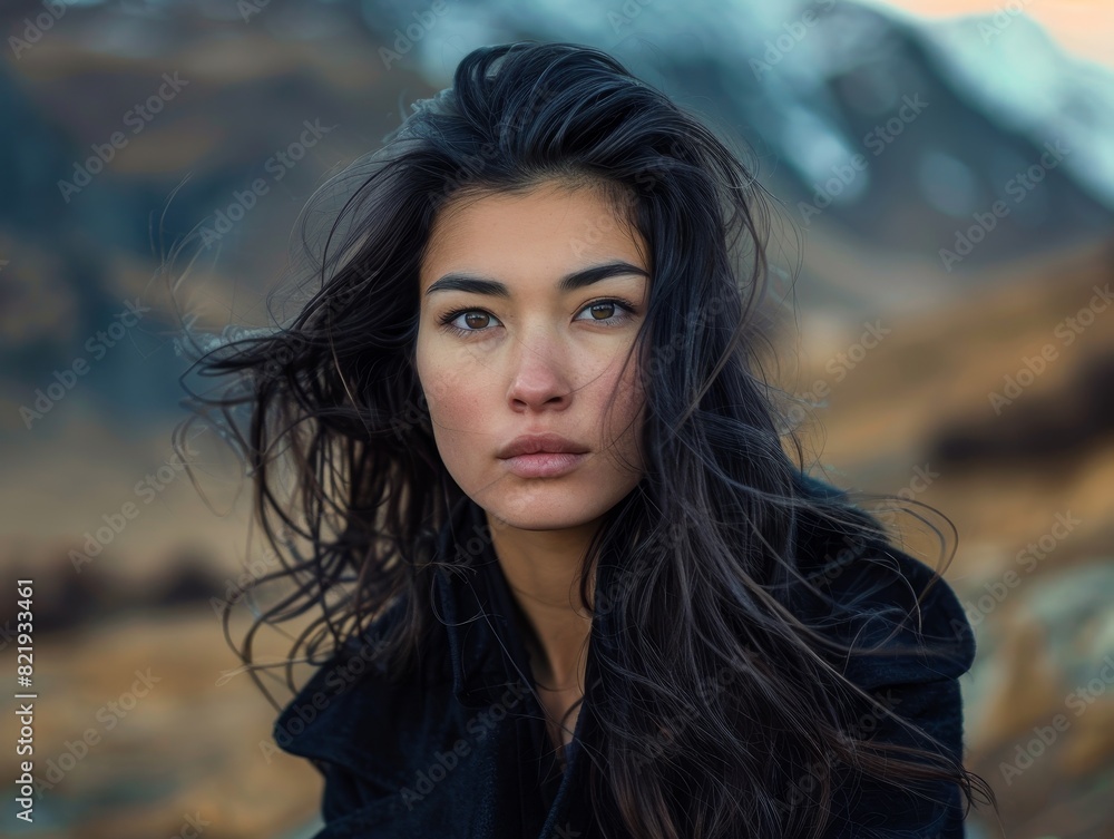 Captivating portrait of a young woman with flowing dark hair Captivating portrait of a young woman with flowing dark hair