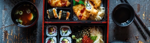 A delicious and healthy Japanese bento box with a variety of sushi, tempura, and other traditional Japanese dishes. The perfect meal for a quick and easy lunch or dinner.