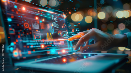 Hand of unrecognizable person working with laptop computer in business center. Data processing office with executive office staff. Displays showing statistics, graphs, customers, shipping. AI