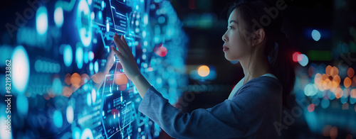 Businesswoman clicking bussines hologram on display. Business center and business office. database, big data. information technology.