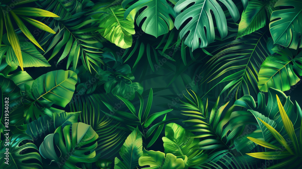 Vibrant tropical rainforest leaves backdrop, teeming with lush green foliage.