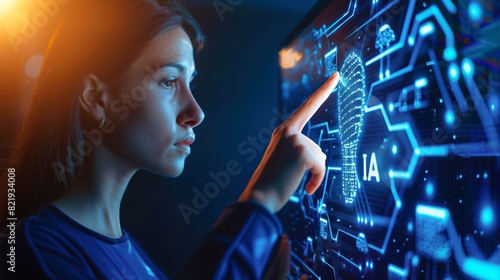 Businesswoman clicking digital artificial intelligence brain of IA hologram on display. Business office center with Artificial intelligence. Database, big data and information technology.