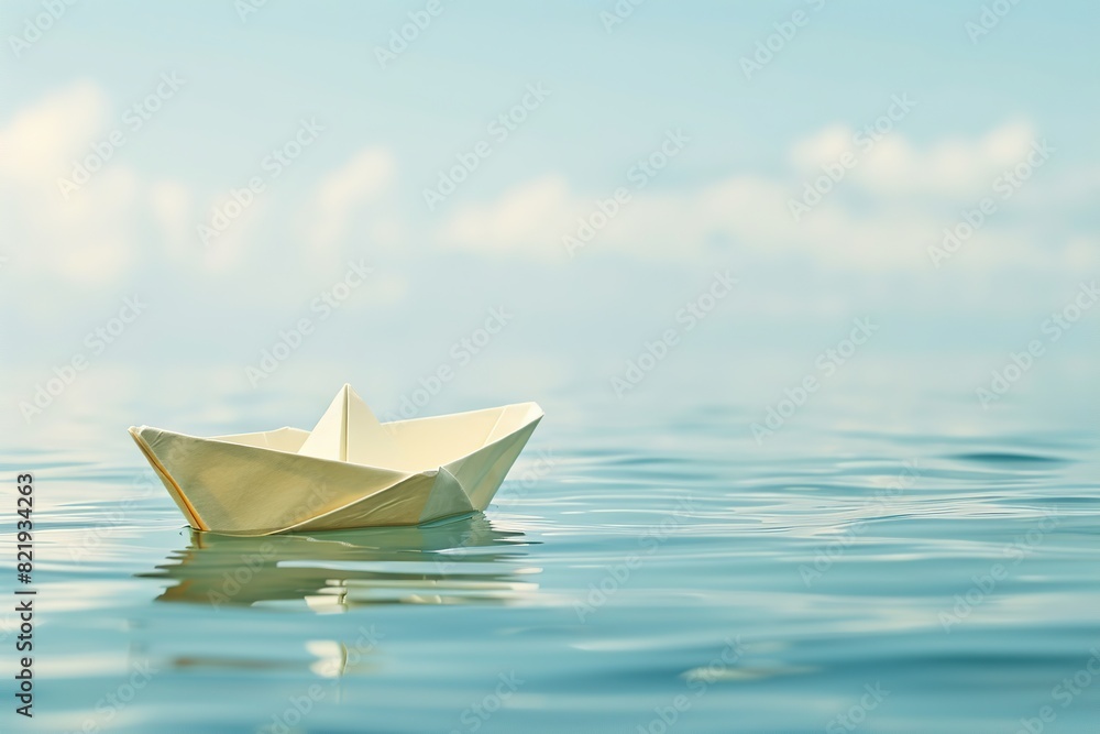 Paper boat sailing on blue boundless water. Small yellow origami boat In big ocean with blue sky and sunshine. Leadership concept with paper ship. Business for innovative solution. Opportunity, vision Paper boat sailing on blue boundless water. Small yellow origami boat In big ocean with blue sky and sunshine. Leadership concept with paper ship. Business for innovative solution. Opportunity, vision