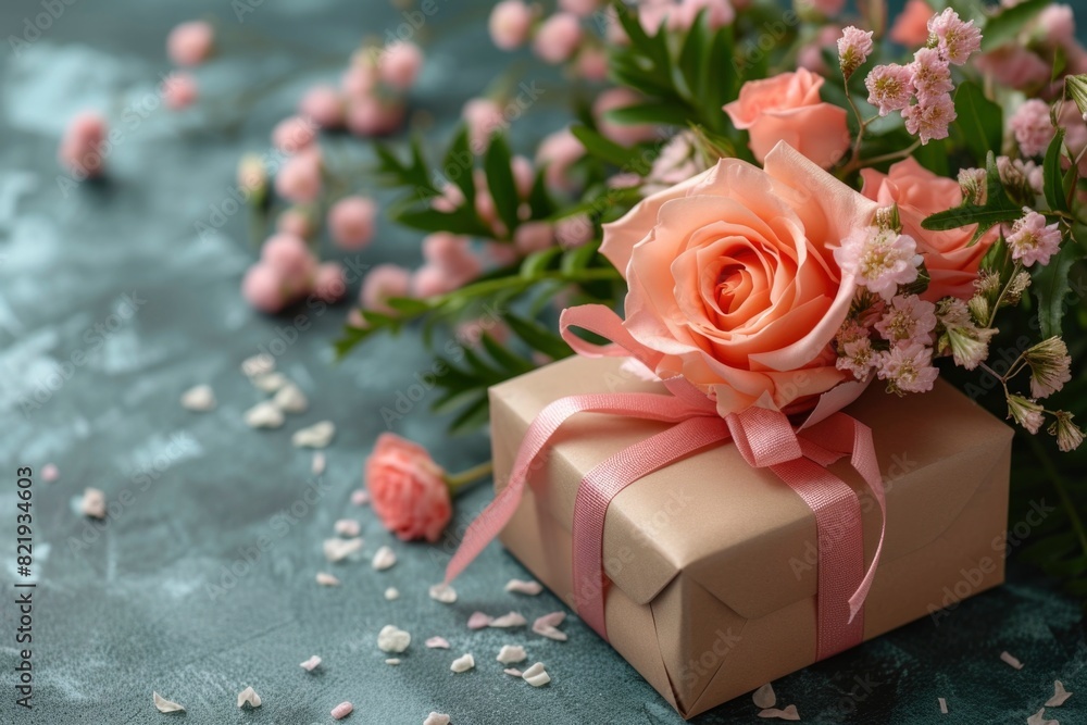 Elegant Gift Box with Peach Roses and Tender Pink Ribbon on Textured Background Elegant Gift Box with Peach Roses and Tender Pink Ribbon on Textured Background
