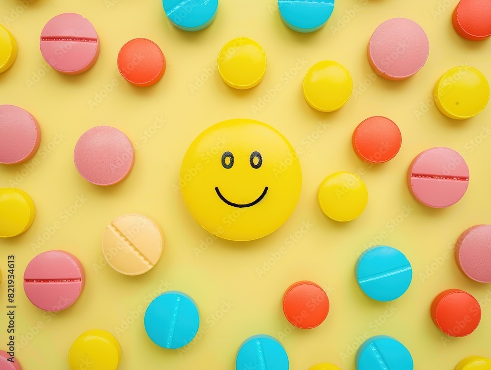 Multi-Color Facecircle Pills with Happiness Labels in the Center of a Solid Color Background. High-Resolution, Detailed Photography.