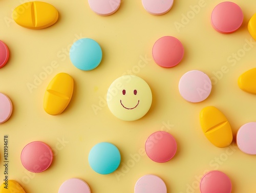 Multi-Color Facecircle Pills with Happiness Labels in the Center of a Solid Color Background. High-Resolution  Detailed Photography.