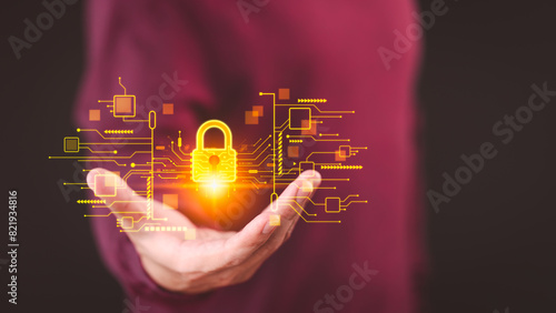 Customer actively ensures the protection of personal data on virtual screen, enhancing cyber resilience. Cybersecurity and privacy concept to protect data.