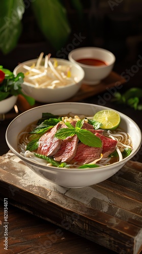 A delicious bowl of Vietnamese Pho with rare beef, rice noodles, and fresh herbs. The perfect comfort food for a cold day.