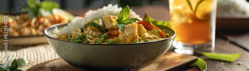 A delicious and healthy Thai green curry with chicken, vegetables, and rice. Perfect for a quick and easy weeknight meal. photo