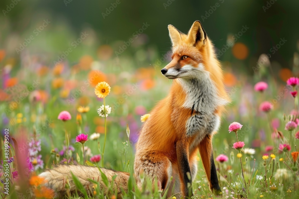 Curious red fox in a colorful wildflower meadow Curious red fox in a colorful wildflower meadow