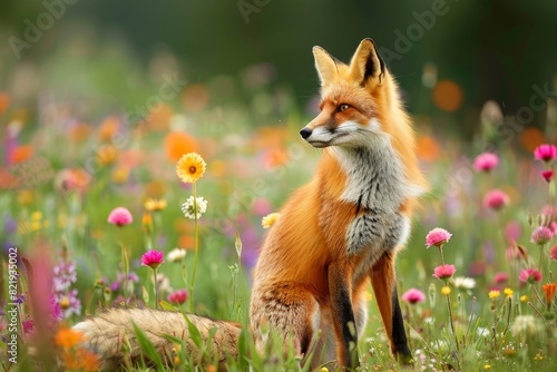 Curious red fox in a colorful wildflower meadow