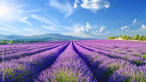 Stunning lavender field landscape under blue sky