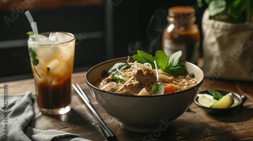 A delicious bowl of steaming Vietnamese Pho with fresh herbs, bean sprouts, and a lime wedge. Served with a refreshing iced tea.