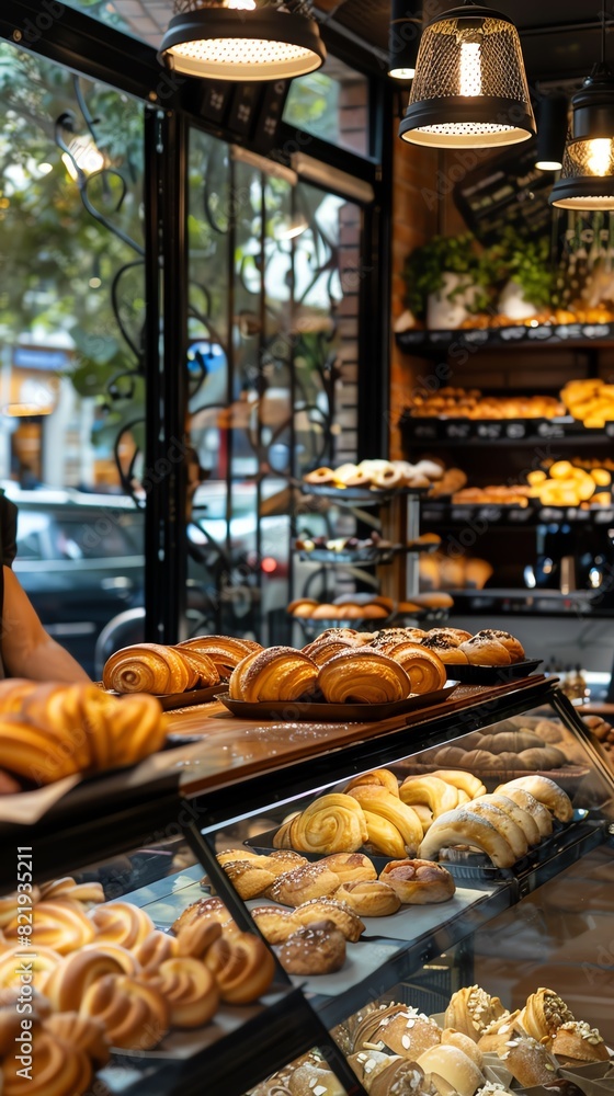 A bustling Argentine bakery featuring freshly baked medialunas and alfajores, with a lively, urban atmosphere