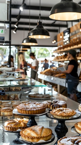 A bustling Australian bakery featuring lamingtons and meat pies  with a bright  airy interior and modern design