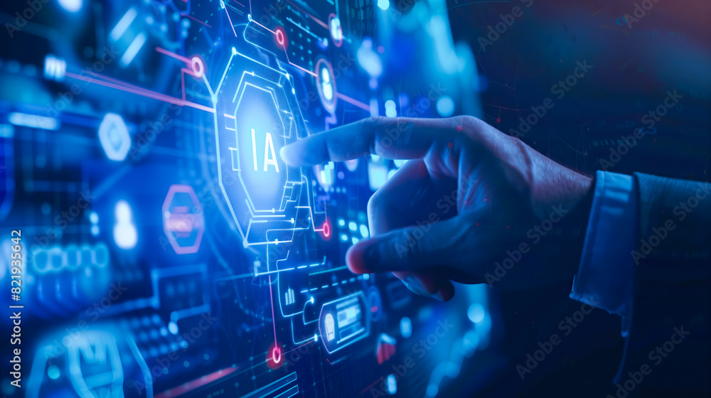 Unrecognizable businessman's hand pressing artificial intelligence hologram on projection screen. Business center and business office. database, big data, information technology. Unrecognizable businessman's hand pressing artificial intelligence hologram on projection screen. Business center and business office. database, big data, information technology.