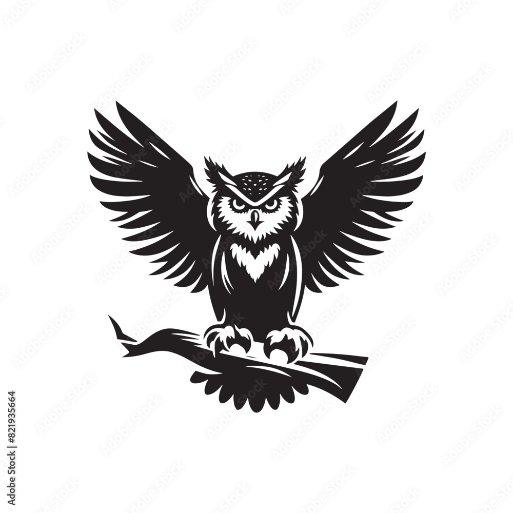 Obraz premium Owl vector Silhouette: Striking Black Vector Art Capturing the Mysterious Wisdom and Nocturnal Majesty of These Iconic Birds- Owl Illustration.