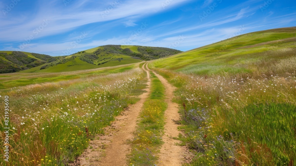 Scenic hiking trail through lush green hills and meadows