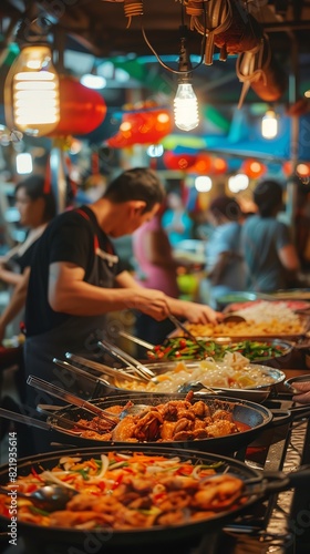 A bustling Thai food market with a vendor preparing spicy fish cakes  with colorful ingredients and traditional decorations in the background